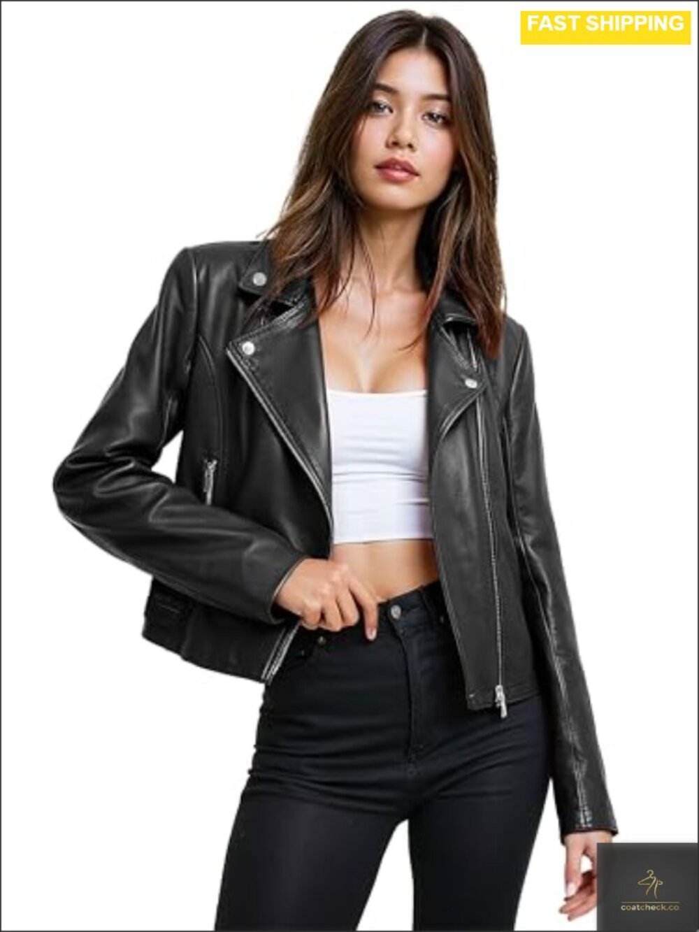 Faux Leather Moto Biker Jacket Zip Up Slim Fit Women's